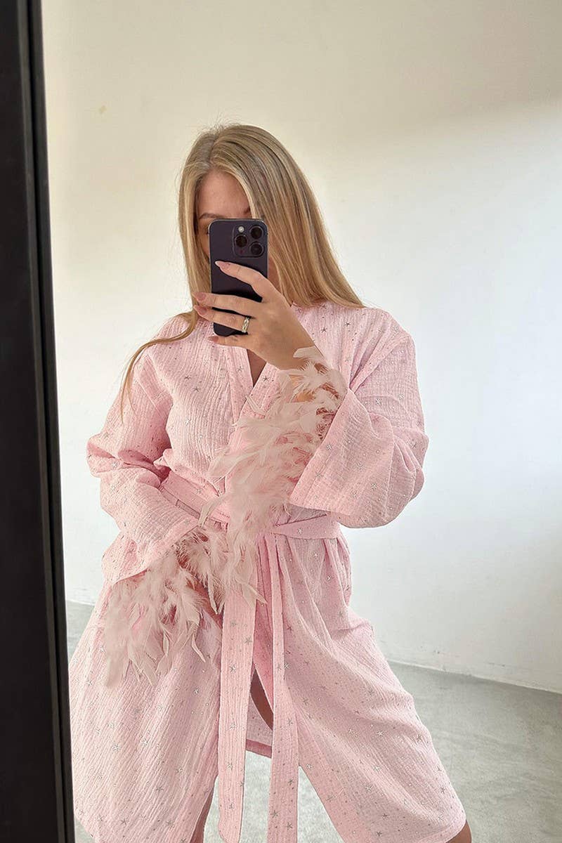 ROSE CWSPJ0393_NUISSETTE EN COTON AVEC PATCHWORK DE STRASS ET PLUMES en vente sur Faire0