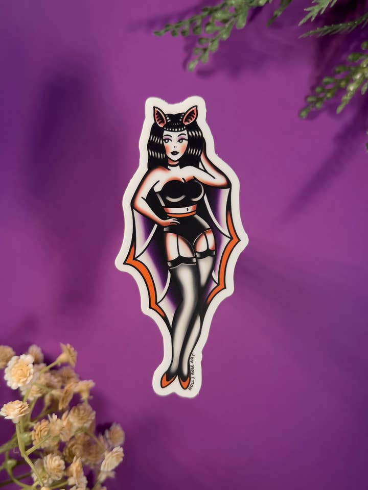 Bat Girl Pinup American Traditional Tattoo Sticker for wholesale by Holli Rose Art