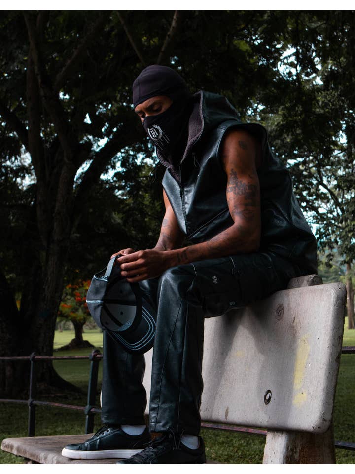 Black Waxed Faux Leather Sleeveless Hoodie for wholesale on Faire26