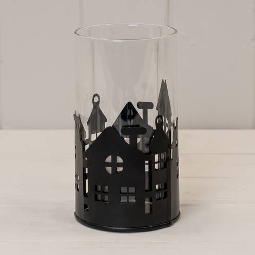 Small Black Metal House Scene Candle Holder for wholesale by Satchville