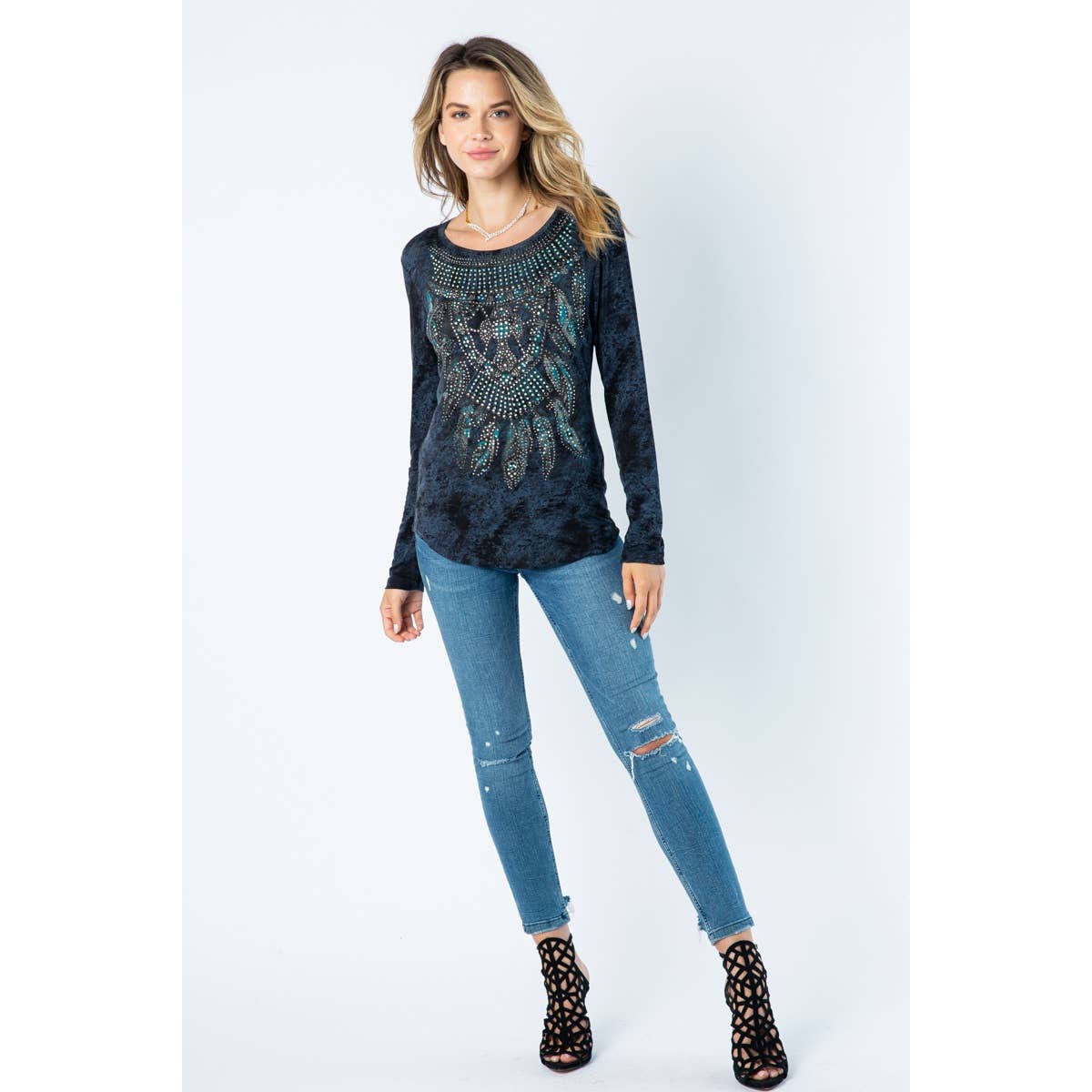 BLACK LASER CUT LONG SLEEVE TOP WITH FEATHERS for wholesale on Faire2