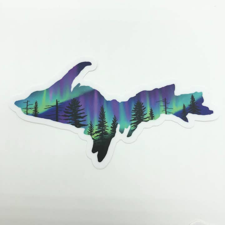 U.P. Green and Pink Northern Lights Sticker for wholesale by MI Woodland Art Studio