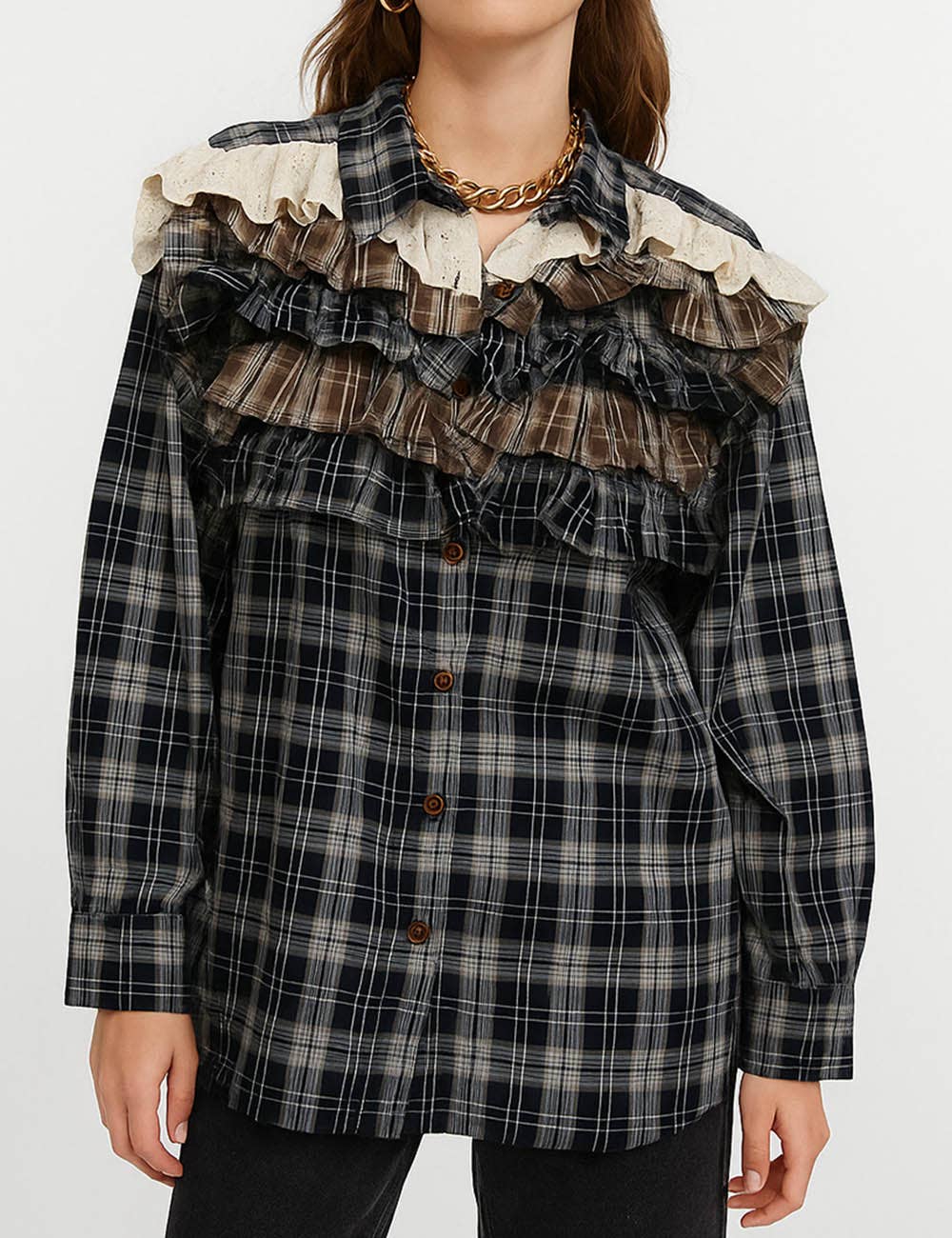 Sweetkama – wholesale Buttoned-down shirt – Women's – Ladies Plaid Print Tiered Ruffle Trim Button Down Shirt5