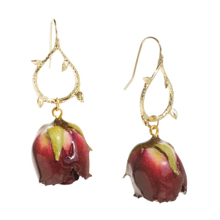 *ECHTE BLOEM* Grande Amore Rozenknop Oorbellen aan Gouden Tak voor wholesale door I'MMANY London