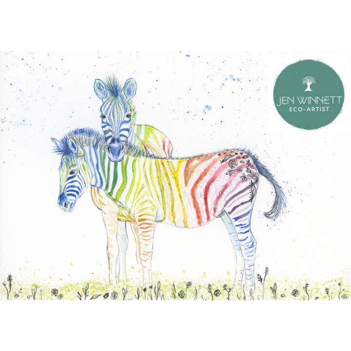 Aquarelle signée Zèbres, imprimé animalier, Safari Colourful pour la vente par Jen Winnett Eco Artist