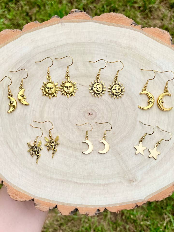 Gold Simple Celestial Charm Earrings for wholesale by Bohindie Silver