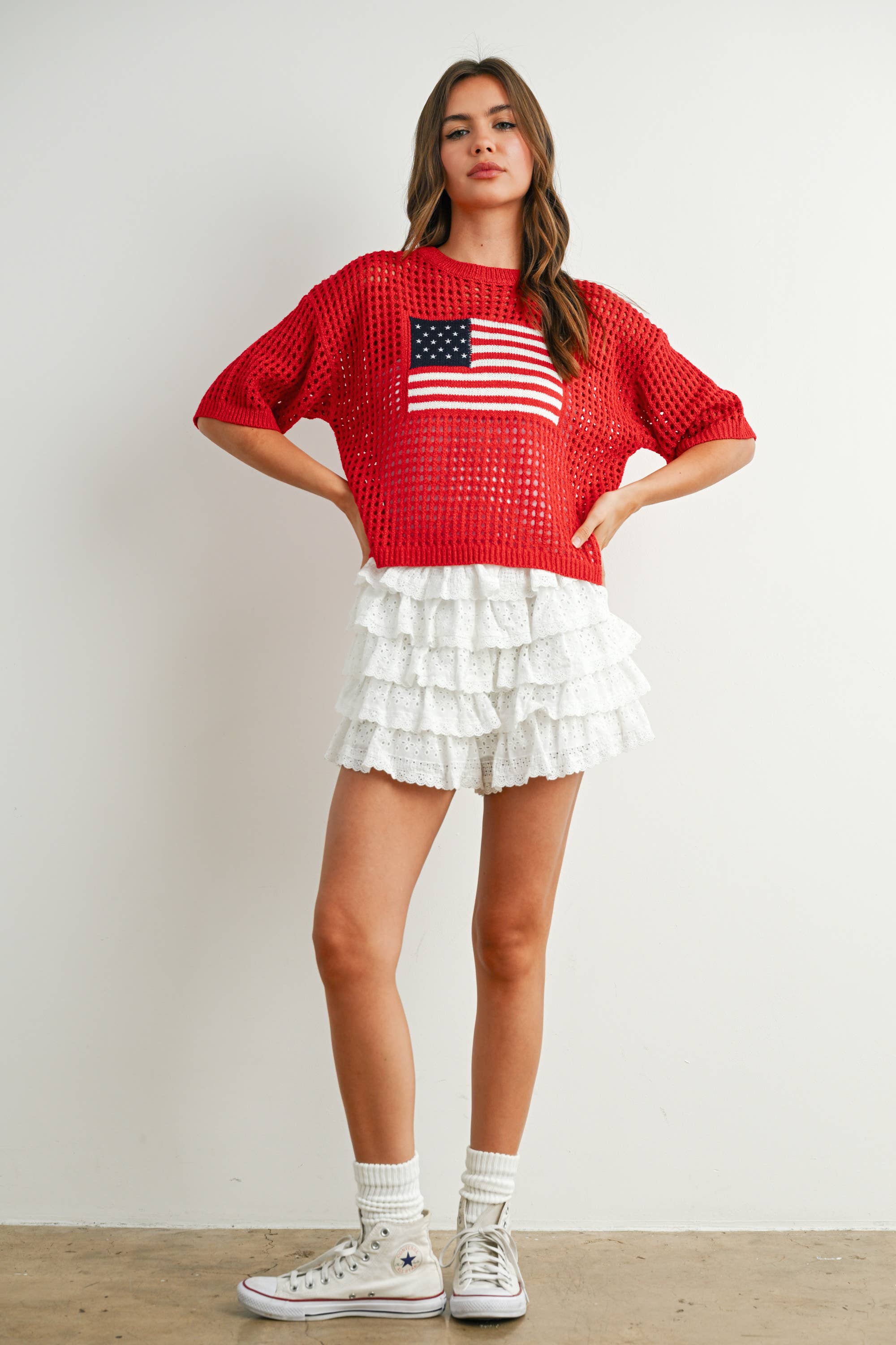 BUTTERMELON - Wholesale Knit Top - Women's - Flag Print Open Knit Crochet Sweater Top - BMW77350