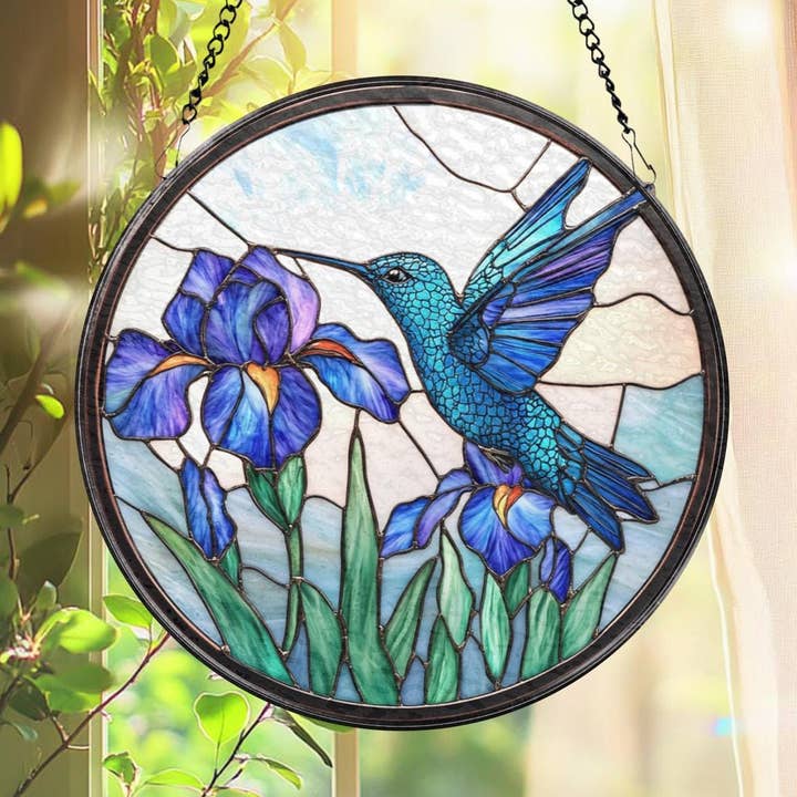 Apanhador de Sol de Beija-flor e Flor de Íris, Ornamento de Pássaro Azul por atacado de NVC Ecommerce LLC