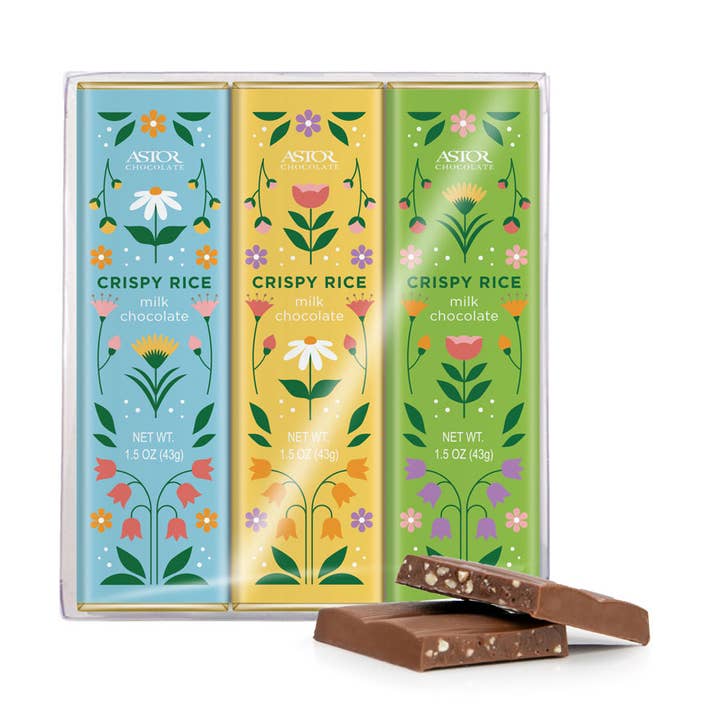 Easter 3 Bar Pack Crisp Rice Milk Chocolate 1.5oz bars for wholesale by Astor Chocolate Corp.