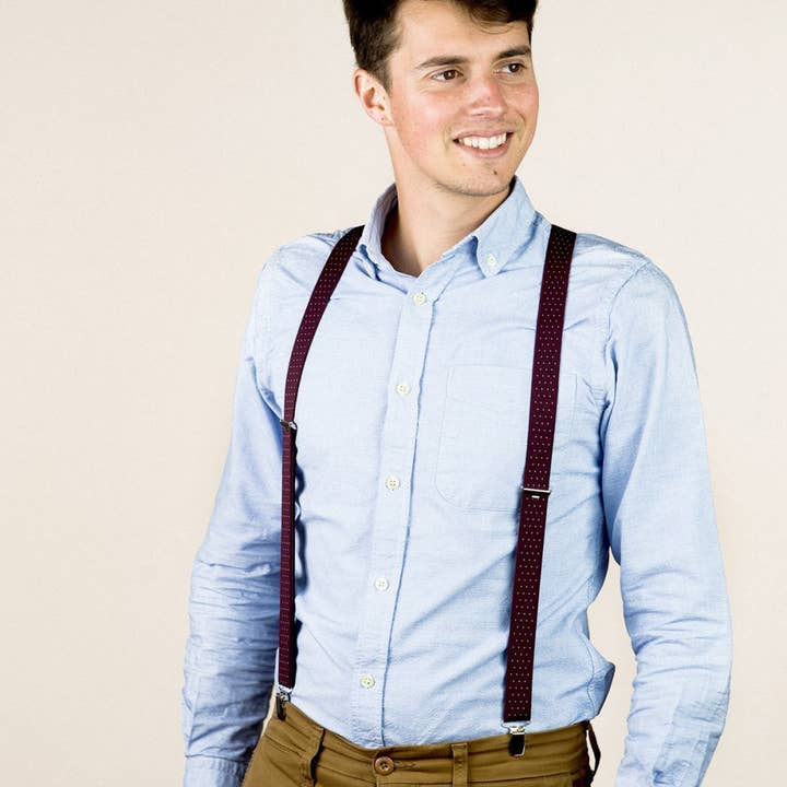 Bertelles - Venta al por mayor Tirantes - Hombre - Tirantes finos con clips color vino con lunares blancos2