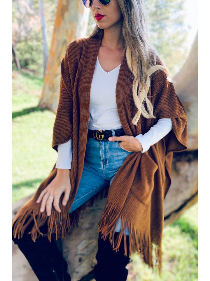 Camel Soft Knitted Pocket Kimono Cardigan With Fringe for wholesale on Faire
