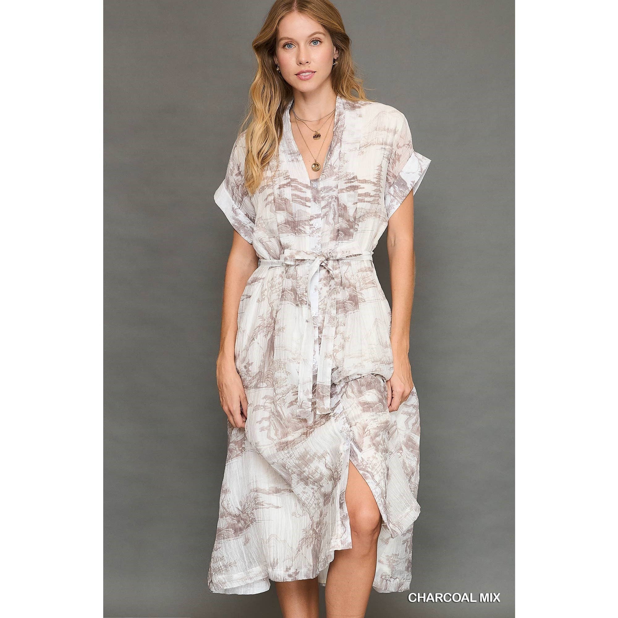 BNS - Wholesale Dress - Women's - Tencel Toile Print Midi Dress with Belt