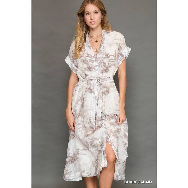 BNS - Wholesale Dress - Women's - Tencel Toile Print Midi Dress with Belt0
