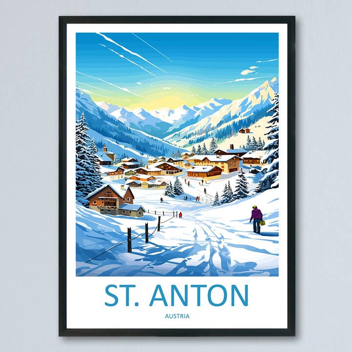 St. Anton Reise-Druck Wandkunst St. Anton Wandbehang Wohnkultur St. Anton Geschenk Kunstliebhaber Ski-Kunstliebhaber Geschenk St. Anton Druck Skifahren Druck für den Großhandel von TravelzonaArt