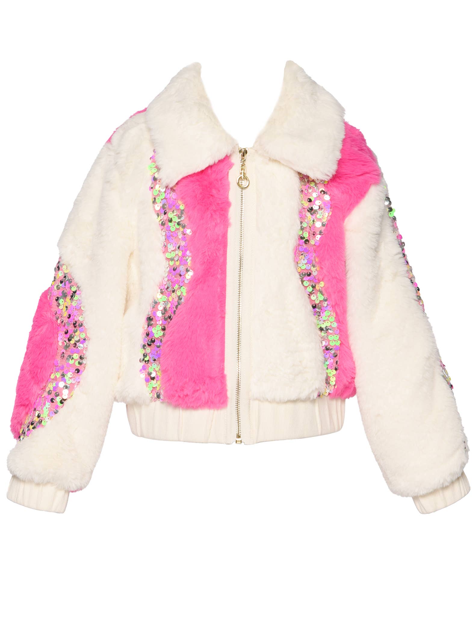 IVORY MULT 2-TONE FAUX FUR BOMBER JACKET W/ SEQUIN DETAIL for wholesale on Faire