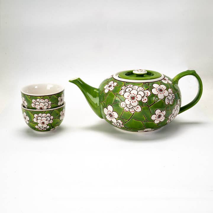 Urban Tokyo - Wholesale Tea Set - Ume Plum Blossoms Green Tea Set 26oz Tea Pot with 2 Cups (1/8)2
