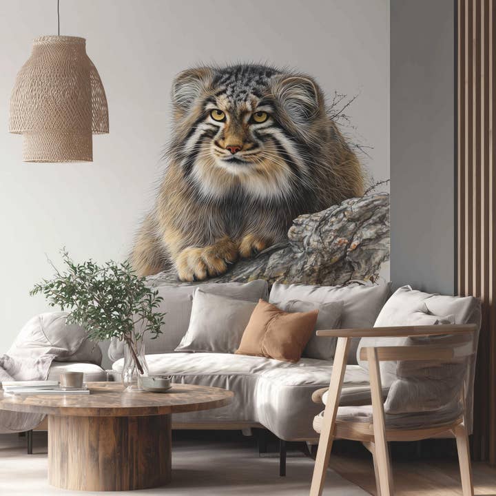 Pallaskat muursticker | Realistische manul op rots vinylsticker | Muurkunst met wilde dieren voor de woonkamer | Natuurgeïnspireerde dierenmuurdecoratie voor wholesale door Decords