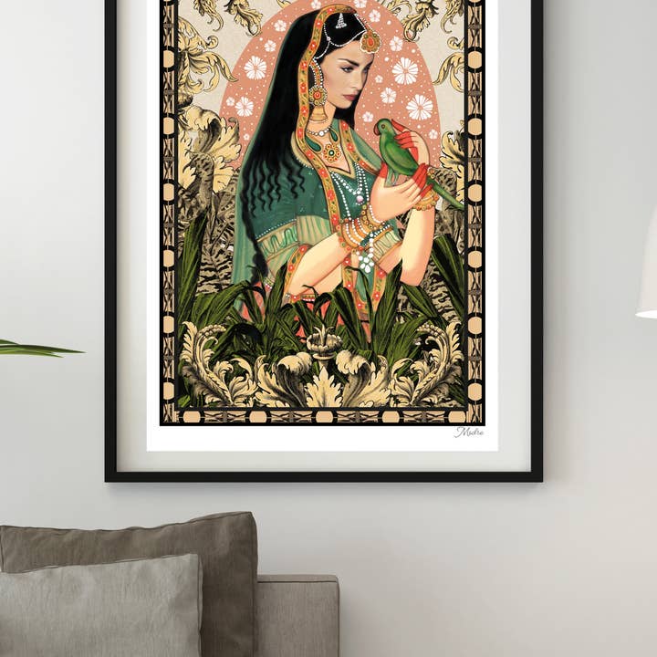 Posterdruck Pretty Parrot Indian Goddess Yoga Farbkunst für den Großhandel von Msdre