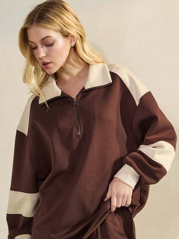 Kvinders slanke farveblok halv-zip top for engroshandel hos Yelete