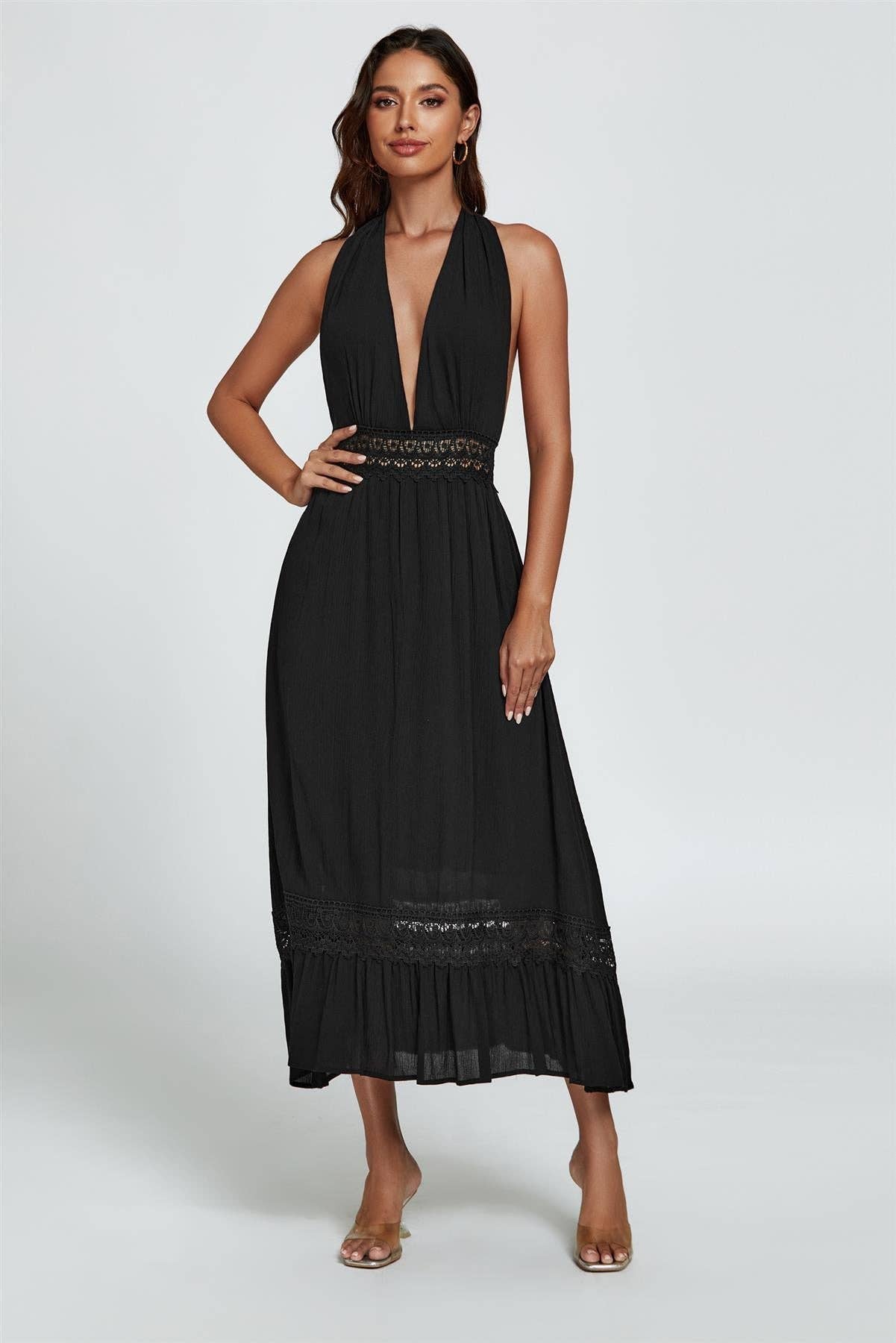 Lace Detail Adjustable Deep V Neckline Maxi Dress In Black for wholesale on Faire0