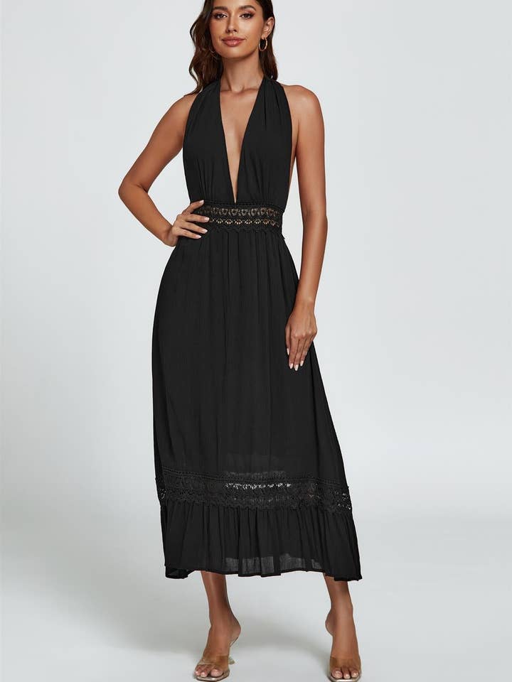 Lace Detail Adjustable Deep V Neckline Maxi Dress In Black for wholesale on Faire