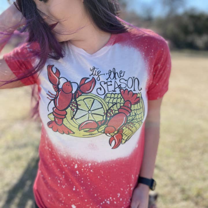 Boutique Bleached T-Shirt, Tis The Season, Crawfish & Corn for wholesale by Curlee Q & Co.