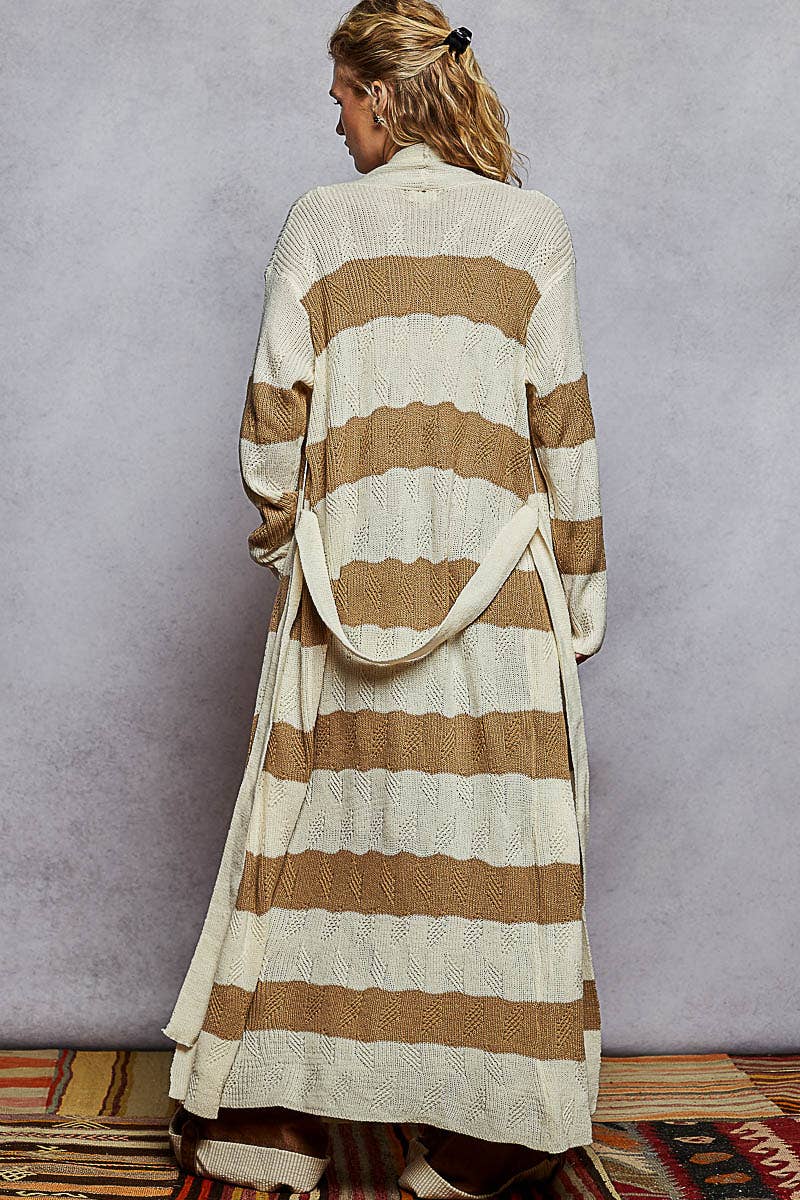 CRÈME/MOKA Veste cardigan maxi à manches longues avec détail de rayures contrastées en vente sur Faire3