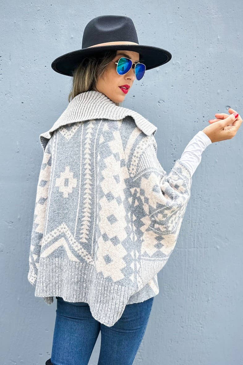 Grey Aztec Pattern Dolman Sleeve Open Front Knit Cardigan for wholesale on Faire8