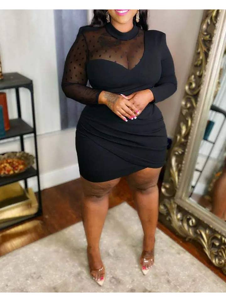 BLACK plus size contrast mesh ruched bodycon dress for wholesale on Faire