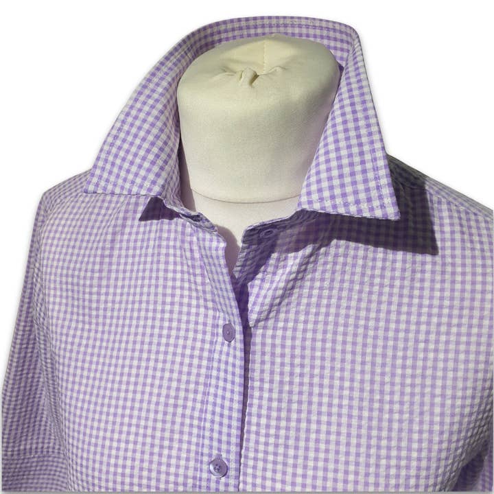Chemise Grenouille à manches 3/4 en seersucker vichy lavande pour la vente par Salamander Shirts Ltd