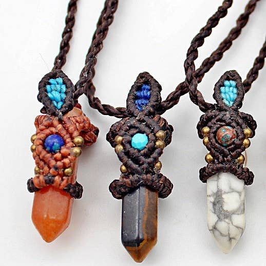 Handmade macramé necklace with crystal point stone pendant for wholesale by Atlas Goods By Your Needs Company