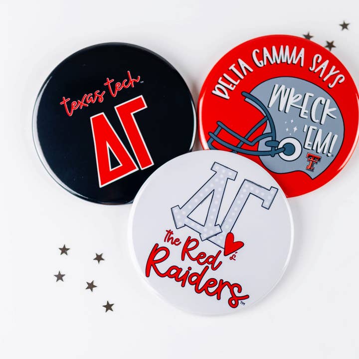 Boutons Delta Gamma Texas Tech Sorority Greek Game Day pour la vente par Tailgated Co.