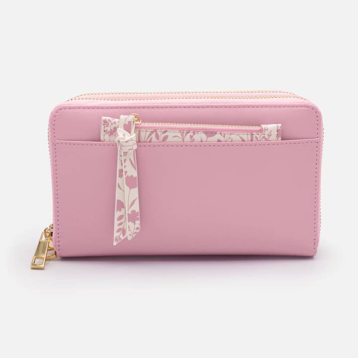 Pink PU double wallet with removable floral pouch - BG253W053PK for wholesale by Bizou