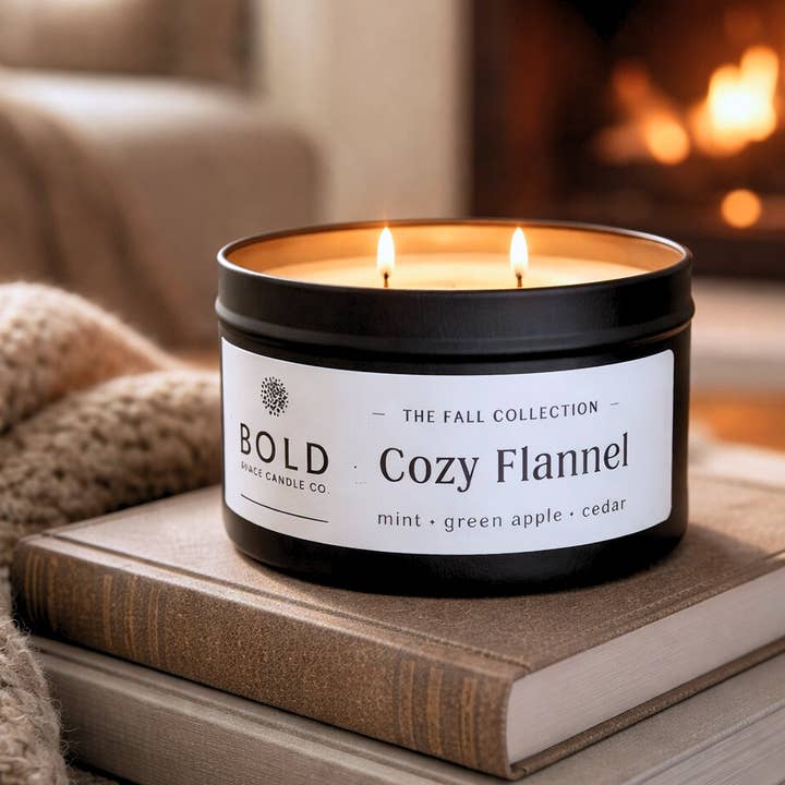 Cozy Flannel - Mint + Green Apple + Cedar- 6 oz. black tin for wholesale by Bold Space Candle Co.