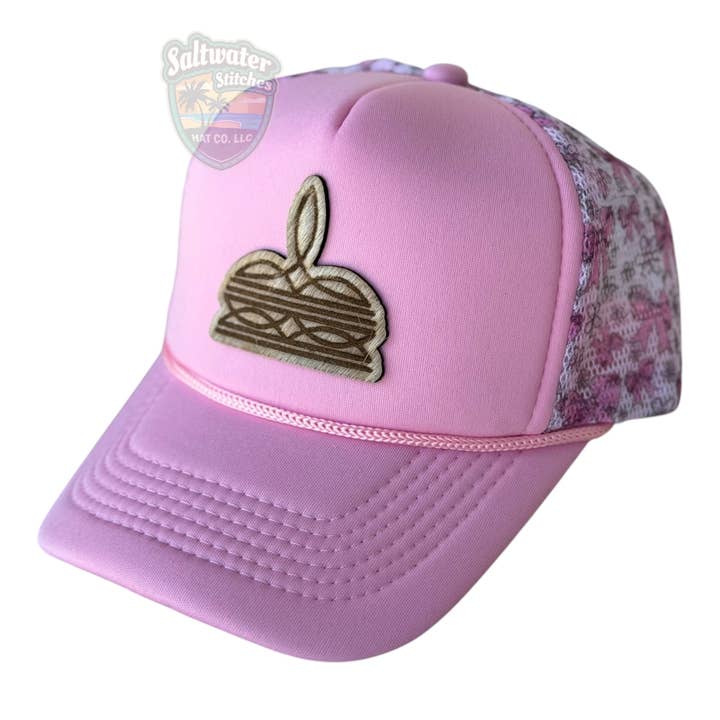 Cowhide Trucker Hat Pink Bootstitch for wholesale by Saltwater Stitches Hat Co LLC