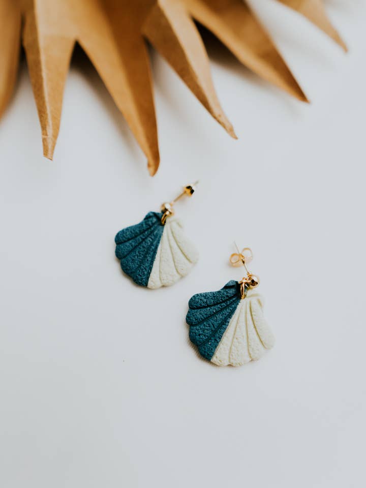 Ocean Breeze Two Tone Sea Shell Clay Earrings for wholesale by Happy Cutter Co