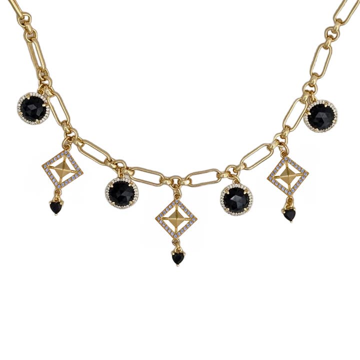 Karissa Station Black Crystal Statement Gold Necklace for wholesale by Purple Dew