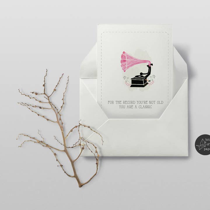 Retro Funny Birthday card- gramophone for wholesale by Bits of paper design co