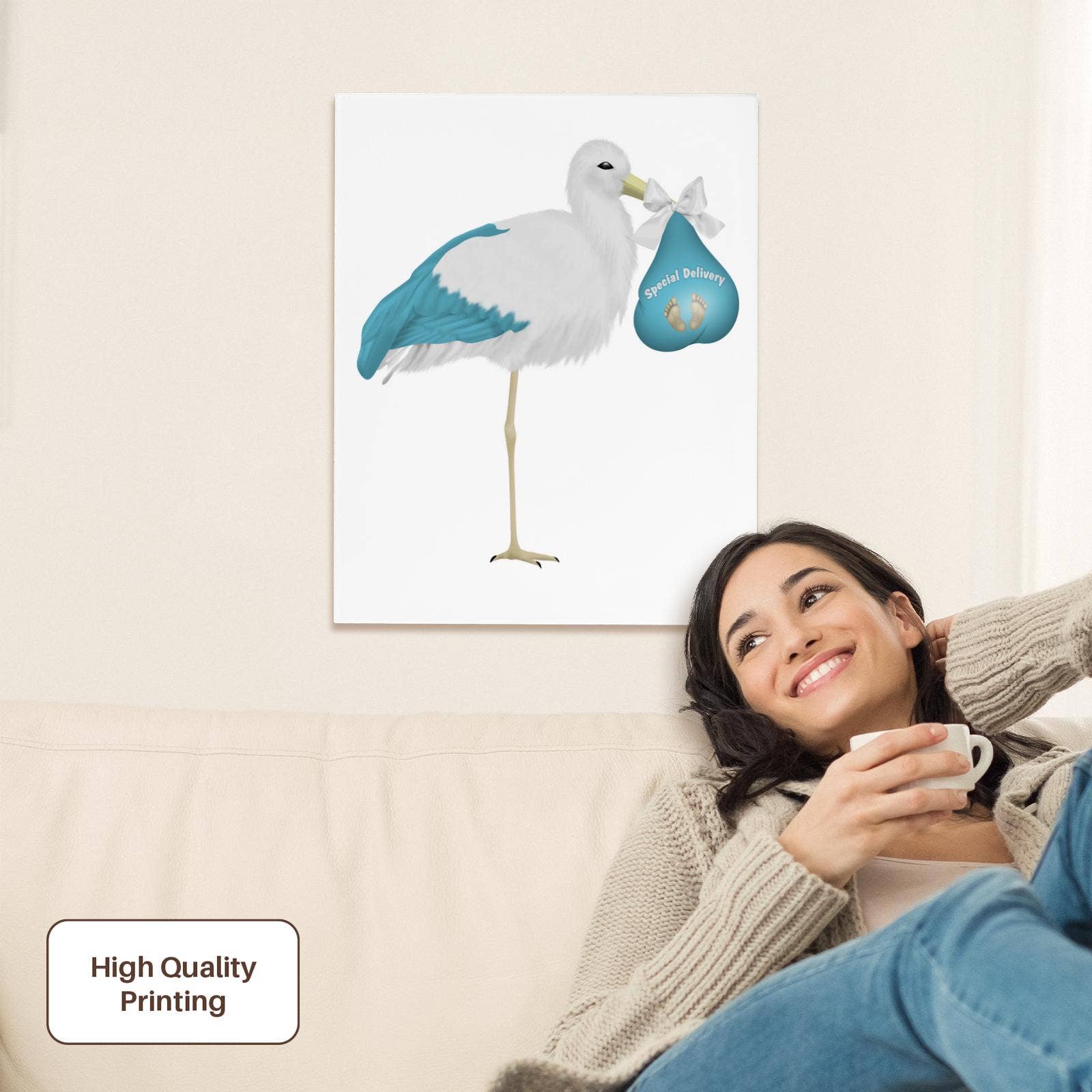 3dRose - Wholesale Art Print - 3dRose, Cute Blue and White Stork Carrying A Baby Illustration, Museum Grade Canvas Wrap1