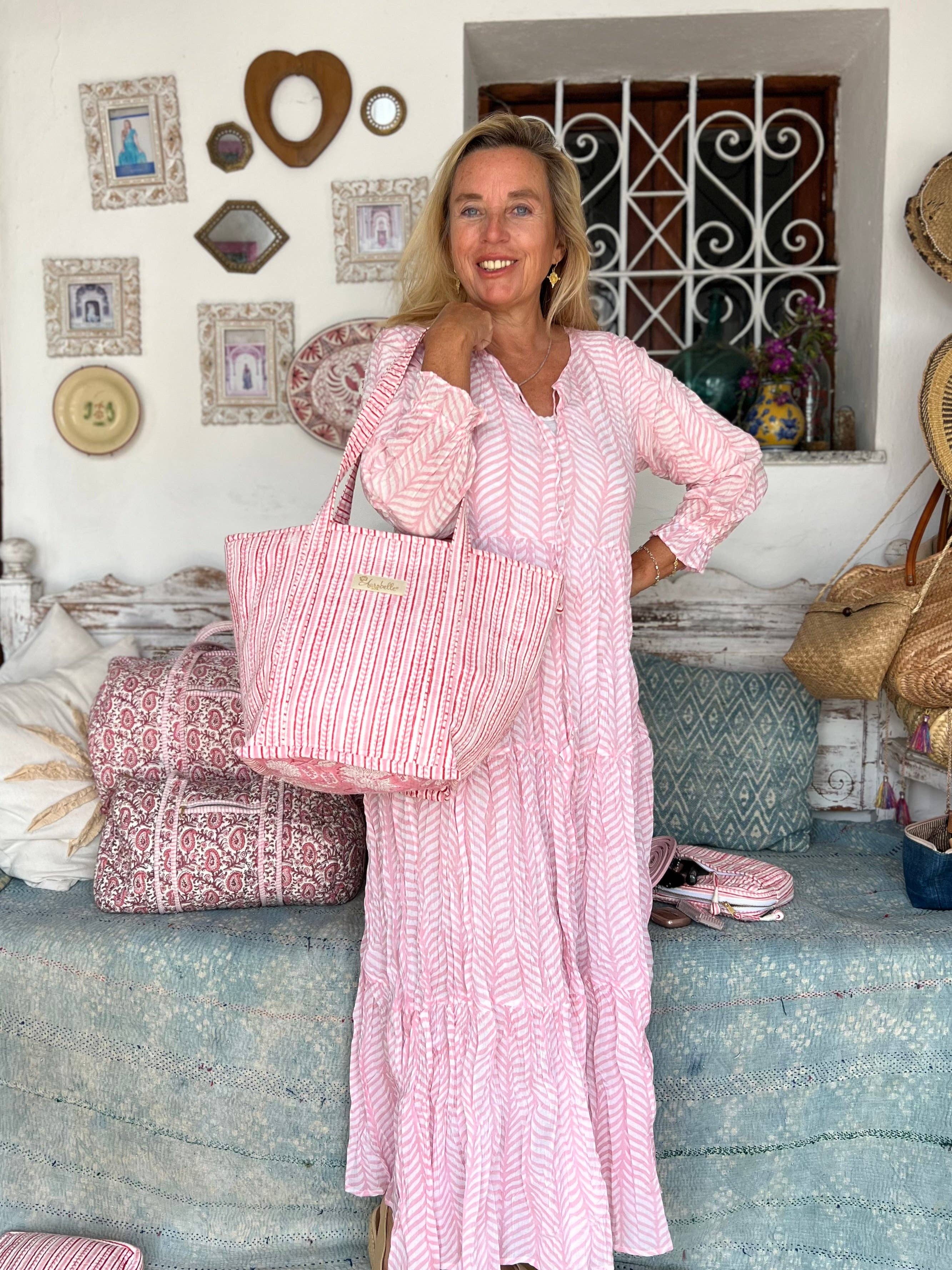 Aurobelle Ibiza - Vente Tote bag – femme - Sac fourre-tout Brigitte grand format en coton matelassé | Sac à bandoulière imprimé bloc rose | Sac bohème pour la plage | Sac de voyage fait main7