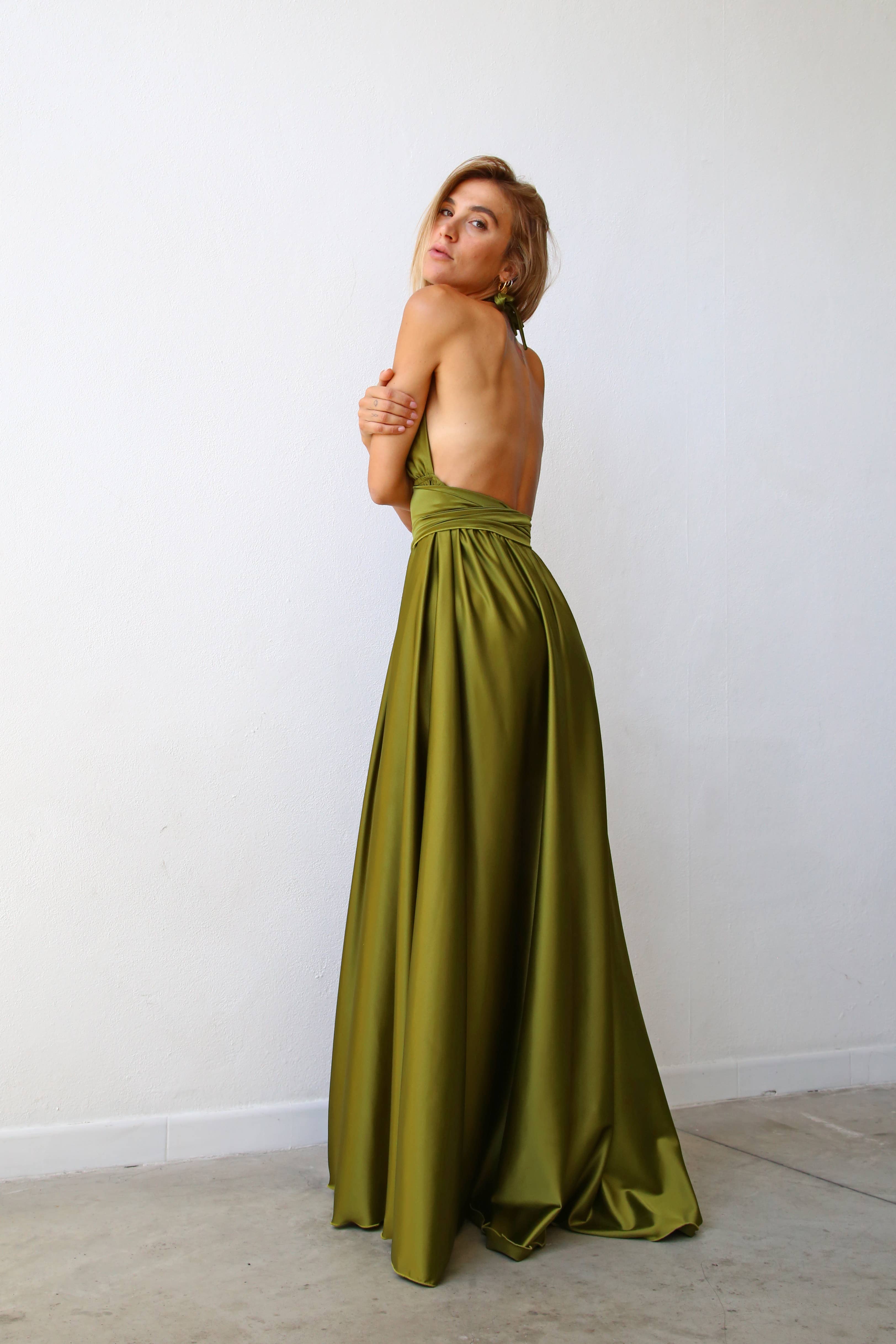 P3169 LONG MARILYN DRESS WITH FLARED SKIRT AND OLIVE GREEN BELT for wholesale on Faire3