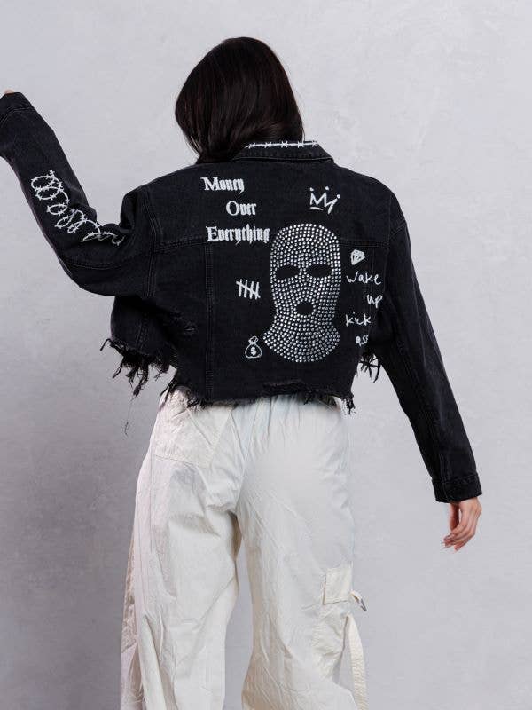 Trio Urban - Wholesale Denim Jacket - Women's - Ski Mask Rhinestones Crop Denim Jacket