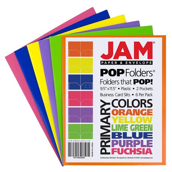 JAM PAPER - Wholesale Folders - Plastic 2 Pocket POP Durable School Folders, 6-Pack