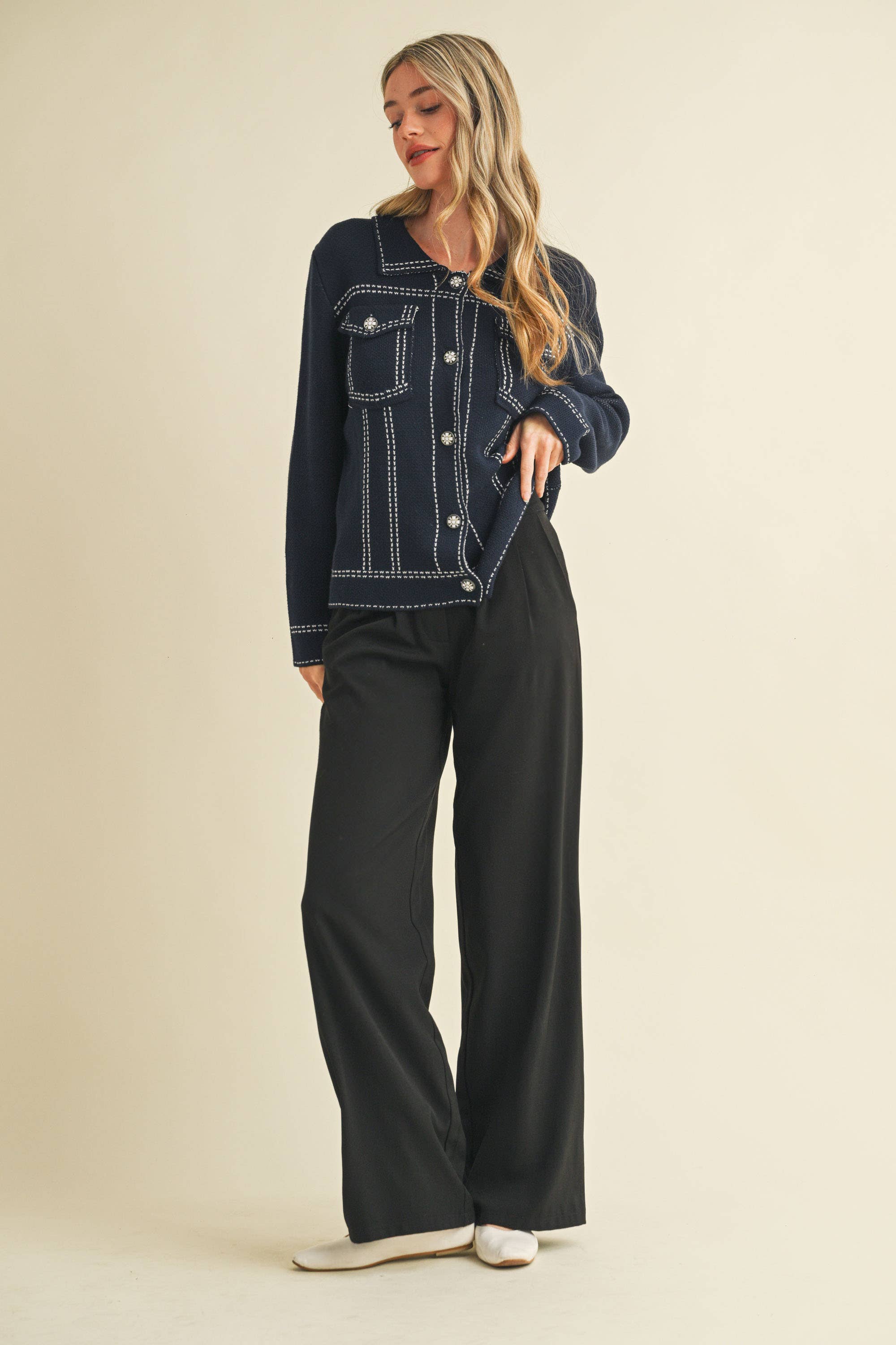 &MERCI - Wholesale Jacket - Women's - DENIM EFFECT KNIT SWEATER JACKET MSW1113020