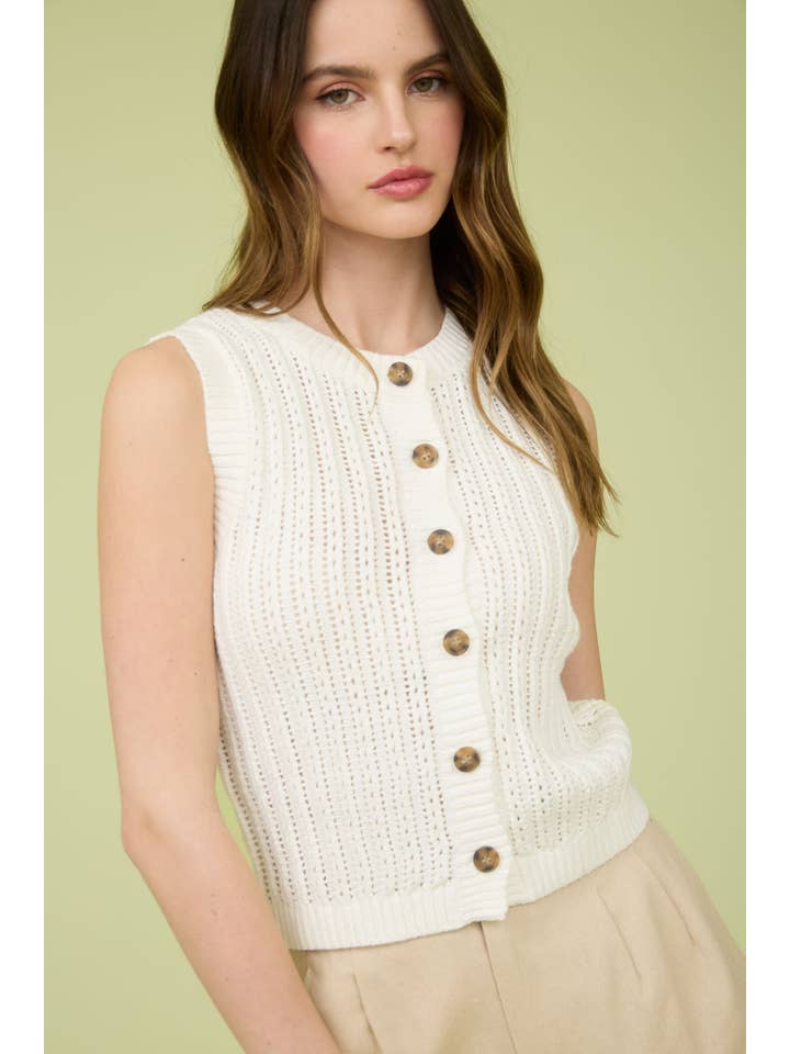 The Workshop Studio - Vente Cardigan – femme - CARDIGAN EN MAILLE SANS MANCHES À COL ROND AVEC BOUTONS3