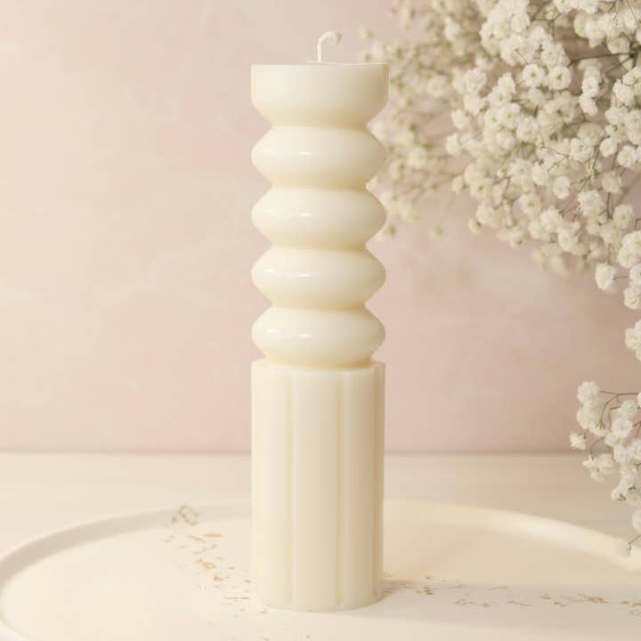 Geometric Stripe Cylinder Candle, Pillar Candle for wholesale by Aguas Claras Organics