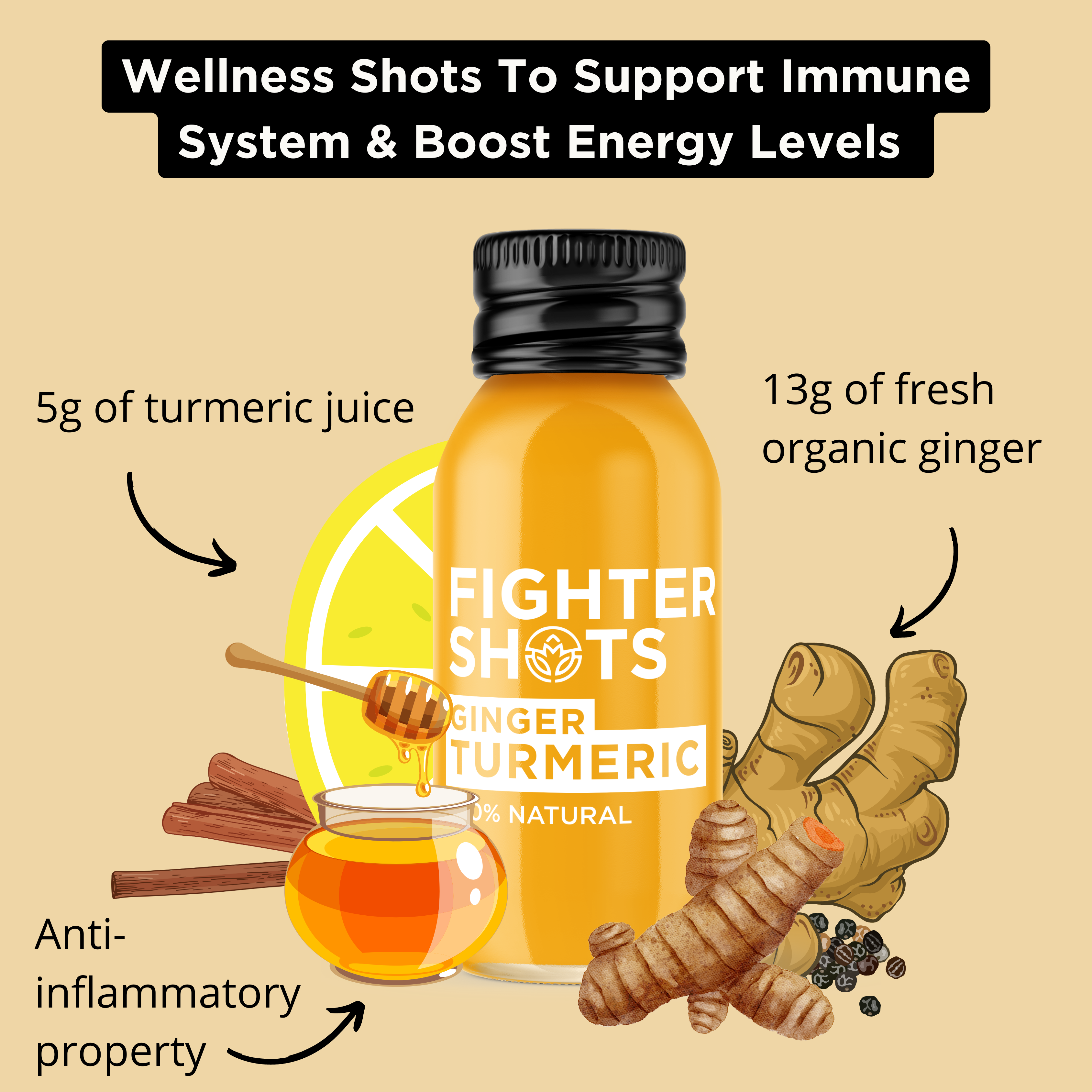 Fighter Shots - Wholesale Sports/Energy Drink - Fighter Shots Ginger + TURMERIC  6 or 12x 60ml9