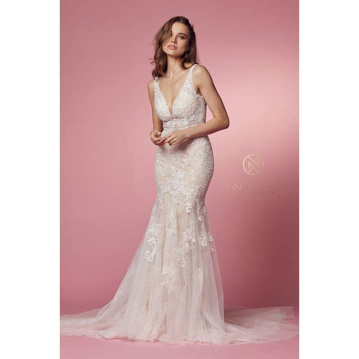 Vestido de Noiva com Cauda em Tule com Aplique e Decote em V H493-1 por atacado de Noxanabel