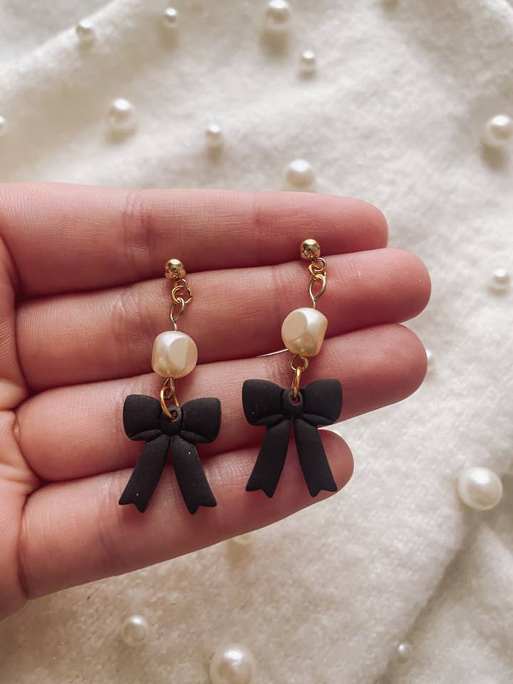 Black Bow Earrings with Pearls for wholesale by Placed by Grace