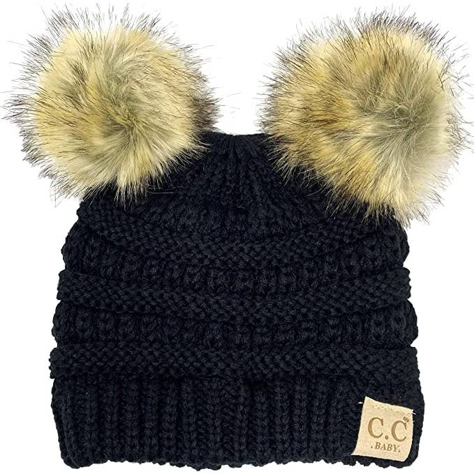 Funky Junque - Wholesale Beanie - Kinderen - Baby dubbele muts met pompon van imitatiebont (zwart)1